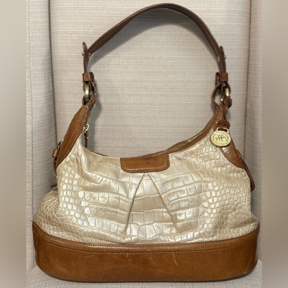 Brahmin Cream and Brown Croc-Embossed Leather Shoulder Bag
